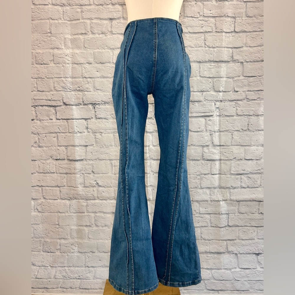 SOLD Wide Leg Flared Bell Bottom Denim Jeans Pants w Bows Low Rise Boho Preppy - Picture 5 of 9